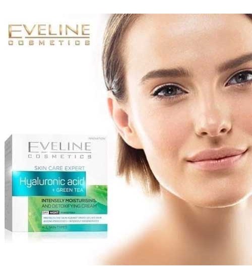 Eveline HYALURONIC Acid & Green Tea Face Cream Moisturising and Detoxifying 50ml
